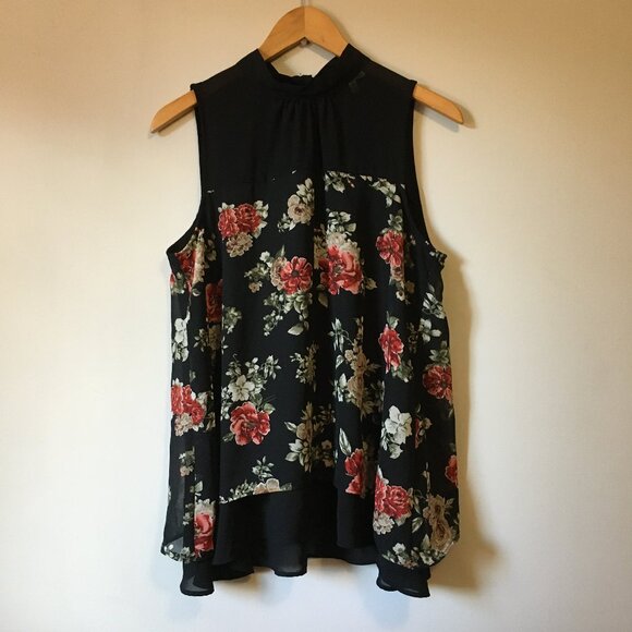 Whimsical Mockneck Tie Back Floral Sleeveless Voluminous Bilayer Blouse - Picture 2 of 16